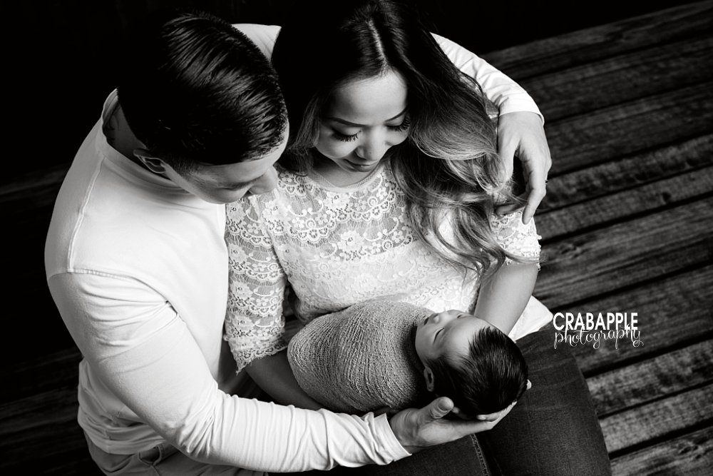 black and white family with newborn photography