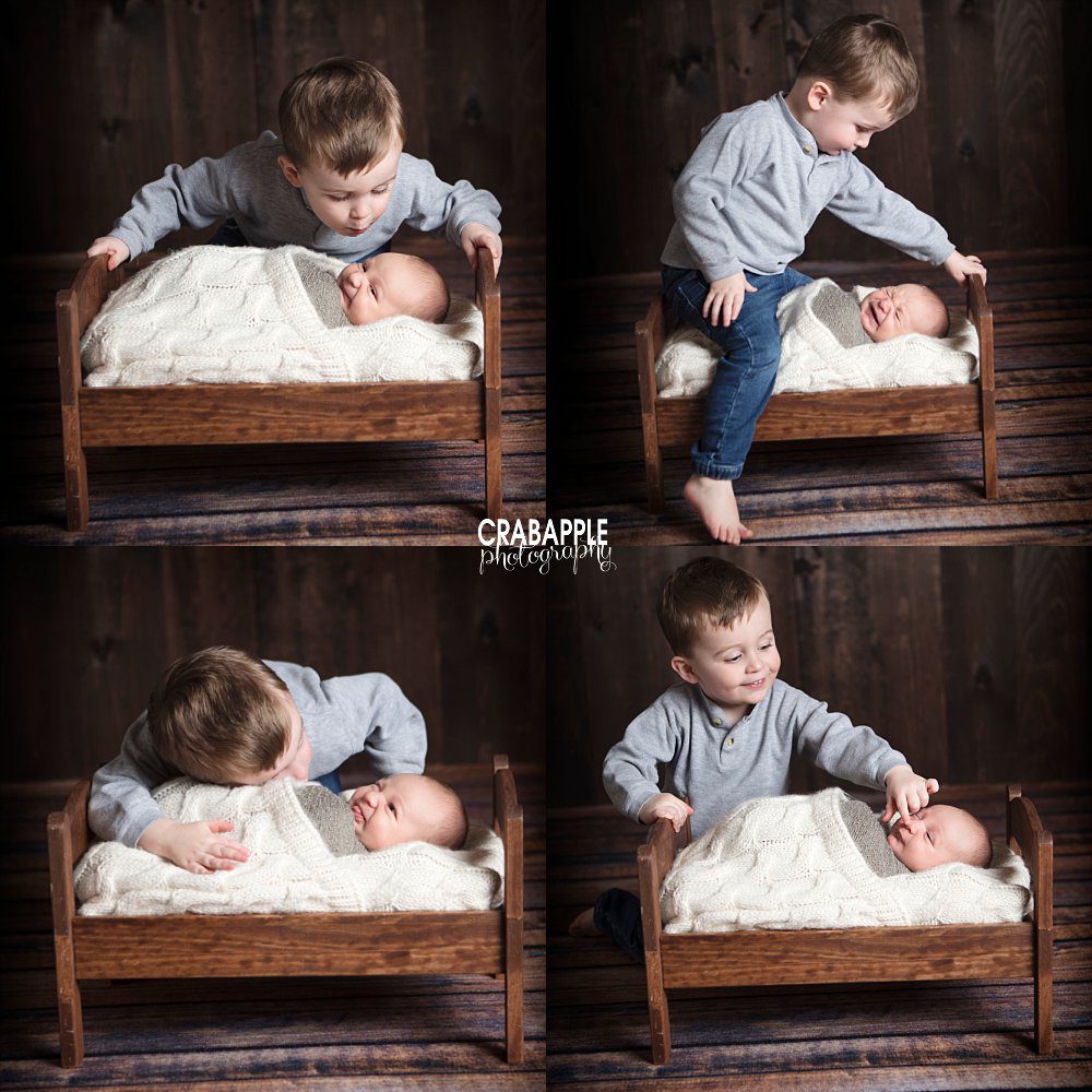 Grid of four photos of big brother and newborn baby brother. Newborn baby boy is laying on a small wooden bed while older brother poses and plays around him. Salem NH area newborn photographer