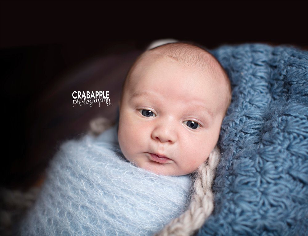 newborn baby boy portrait with wide open eyes. windham nh newborn photographer
