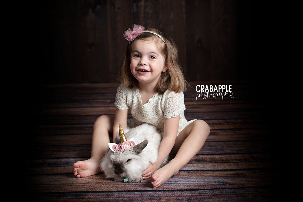 Ethical child and live rabbit professional portraits