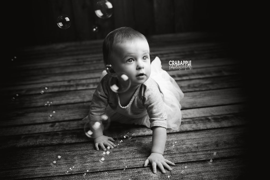 black and white baby photos with bubbles