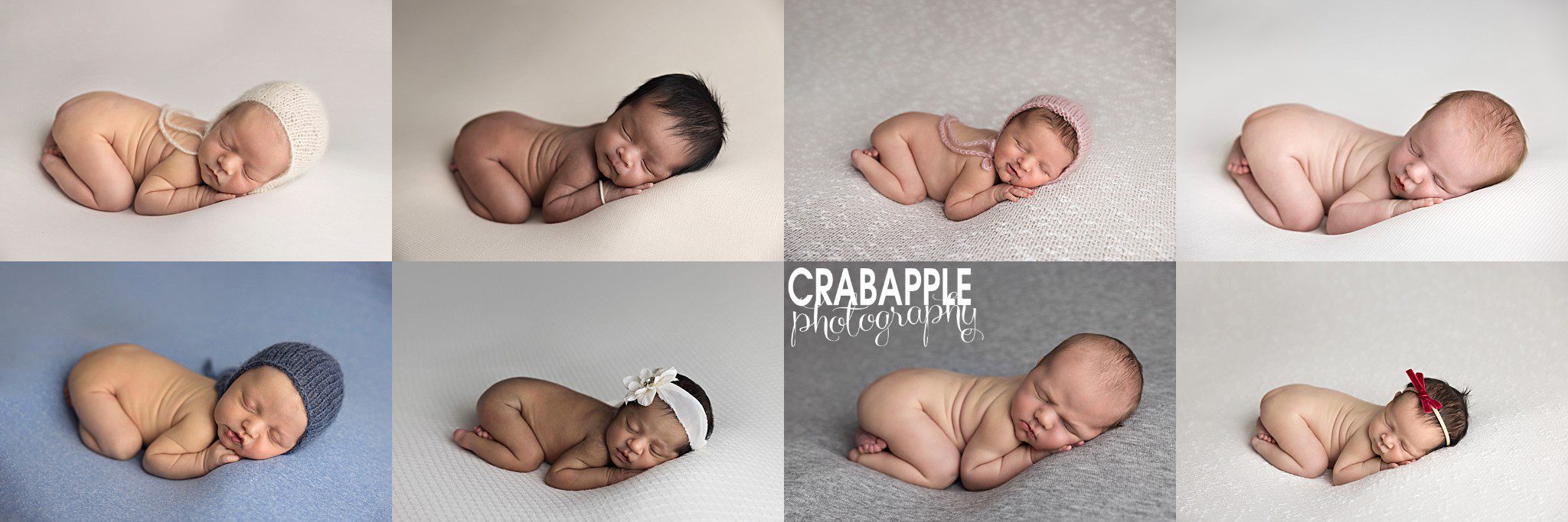 Collage of classic tushee up newborn poses featuring curled sleepy babies in studio setups

