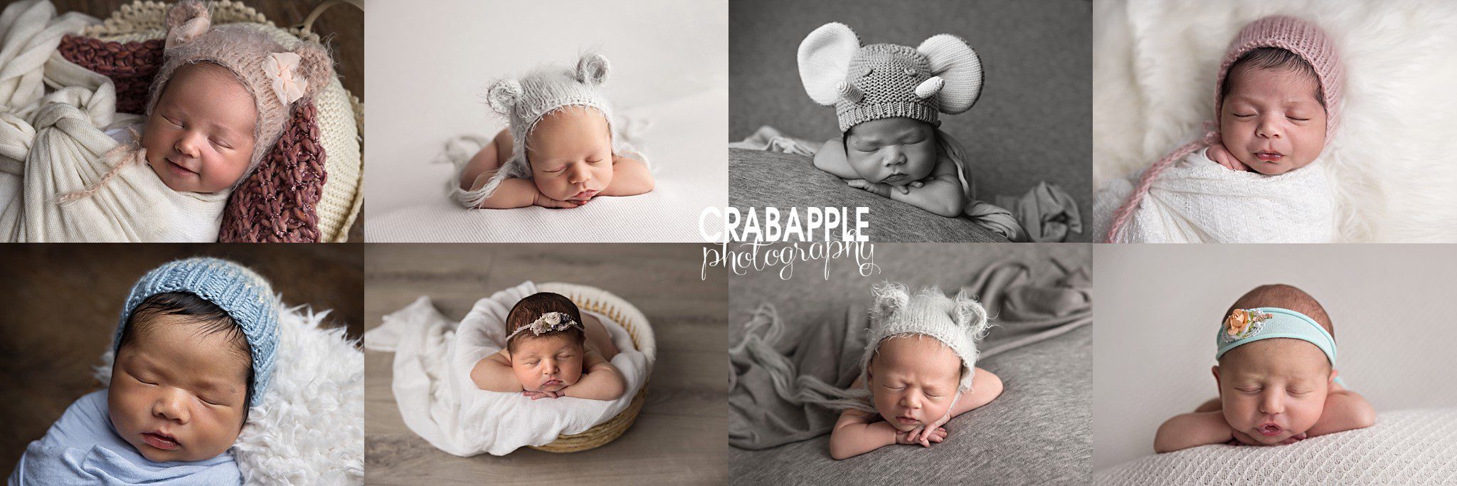Collage of close up newborn baby face portraits showing sleepy expressions and chubby cheeks
