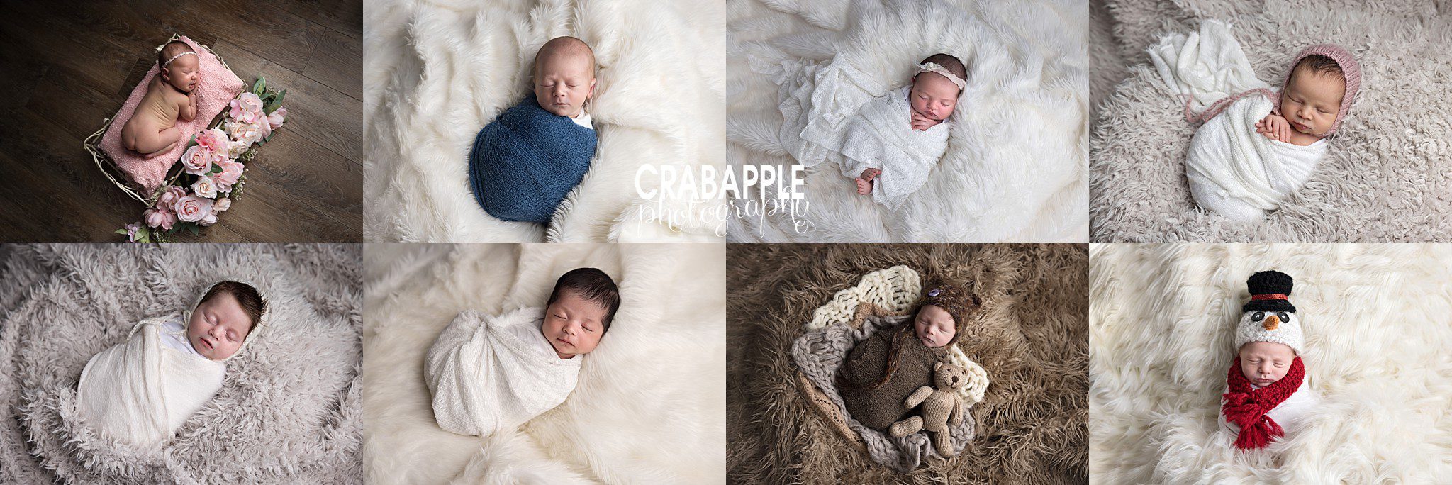 Collage of full body newborn portraits with wrapped and unwrapped baby poses on neutral blankets
