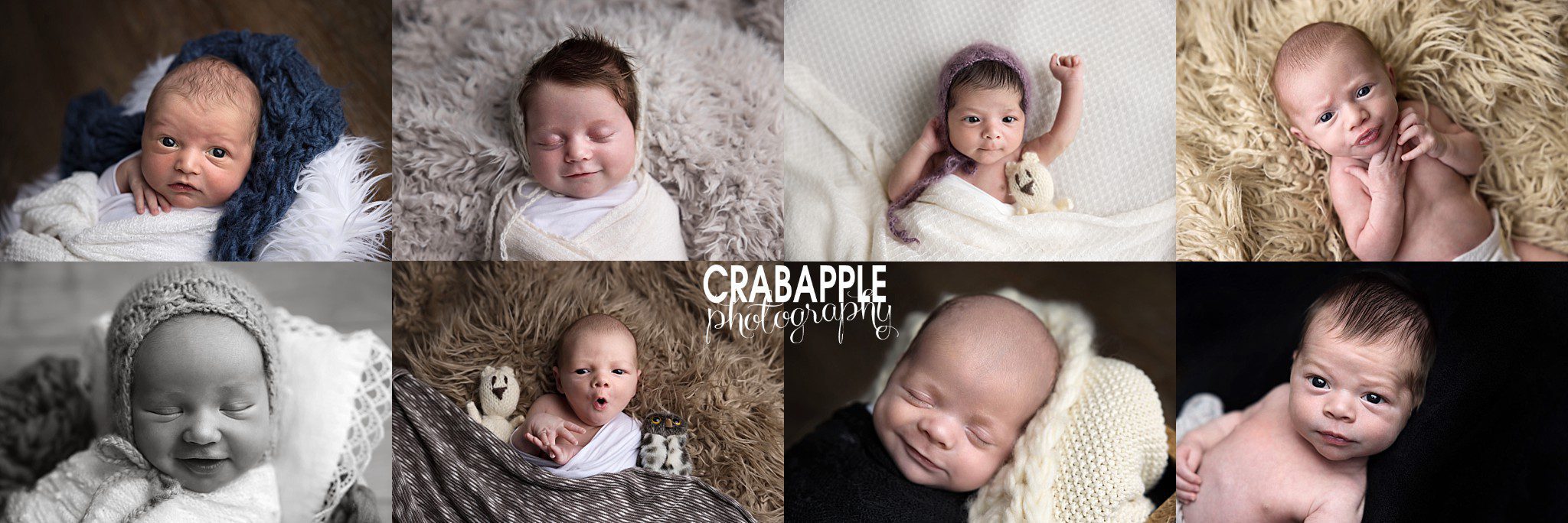 Collage of awake newborn expressions including yawns, smiles, stretches, and alert baby moments
