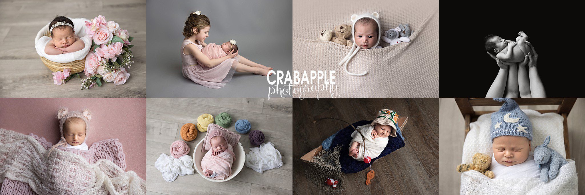 Collage of timeless newborn photography portraits including wrapped baby poses, parent photos, and newborn detail images in Andover MA studio
