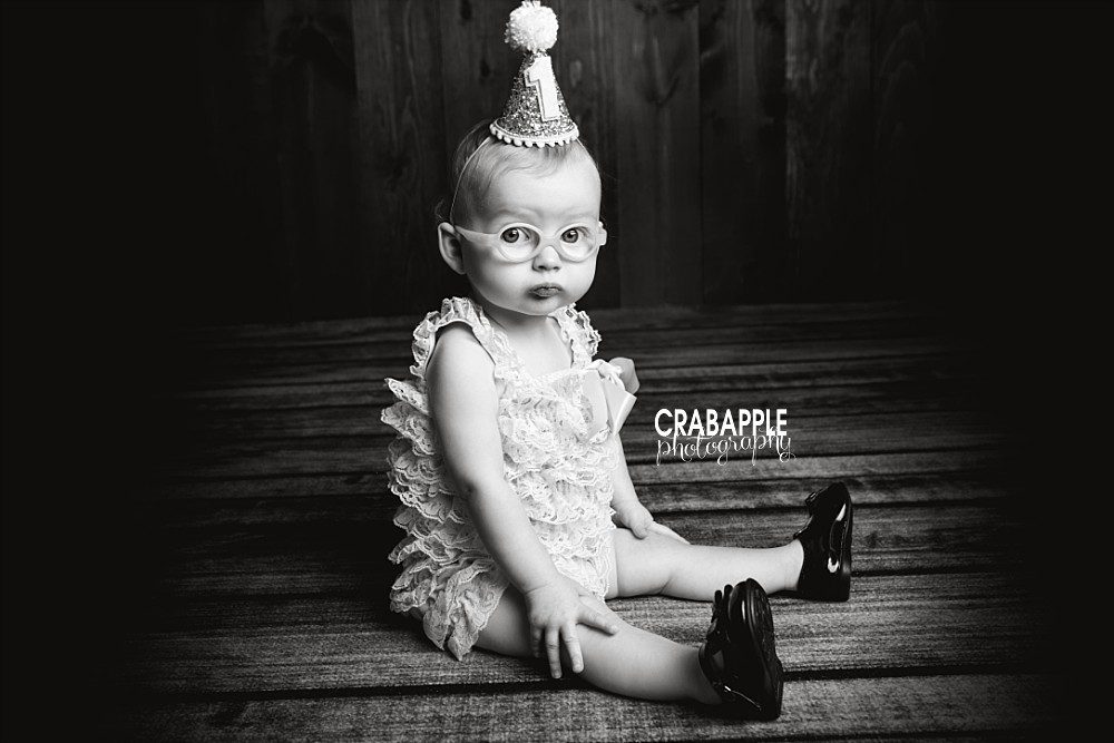 black and white first birthday portraits