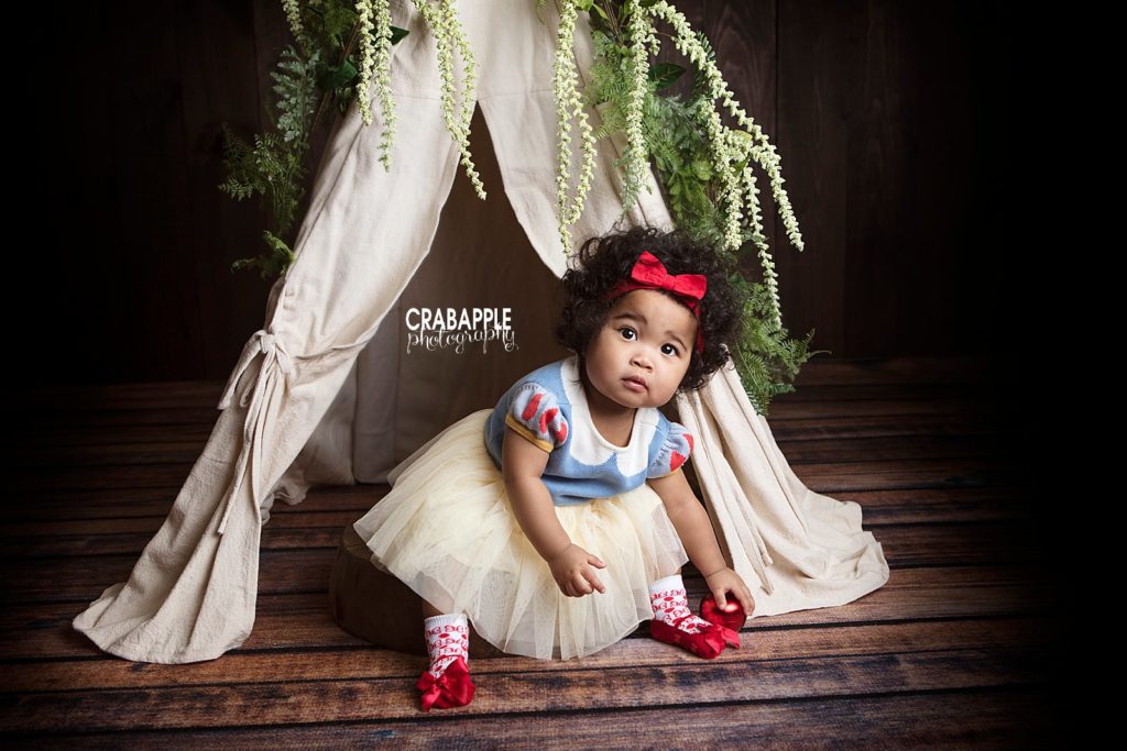 1 year old girl dressed as Snow White for first birthday photos near Cambridge