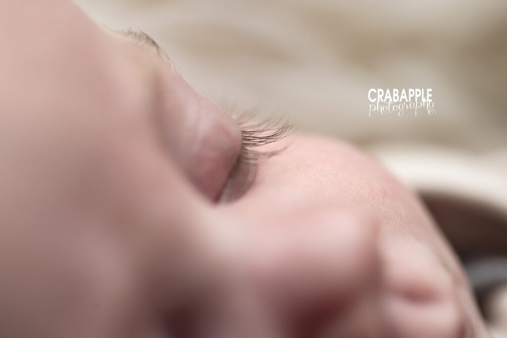 close up detail photo of baby eye lashes at 3 months
 