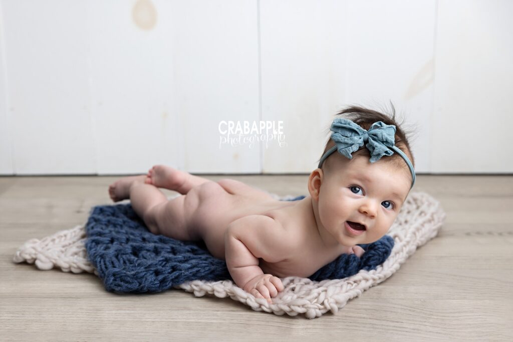 3 month old baby tummy time portrait in Andover MA studio
