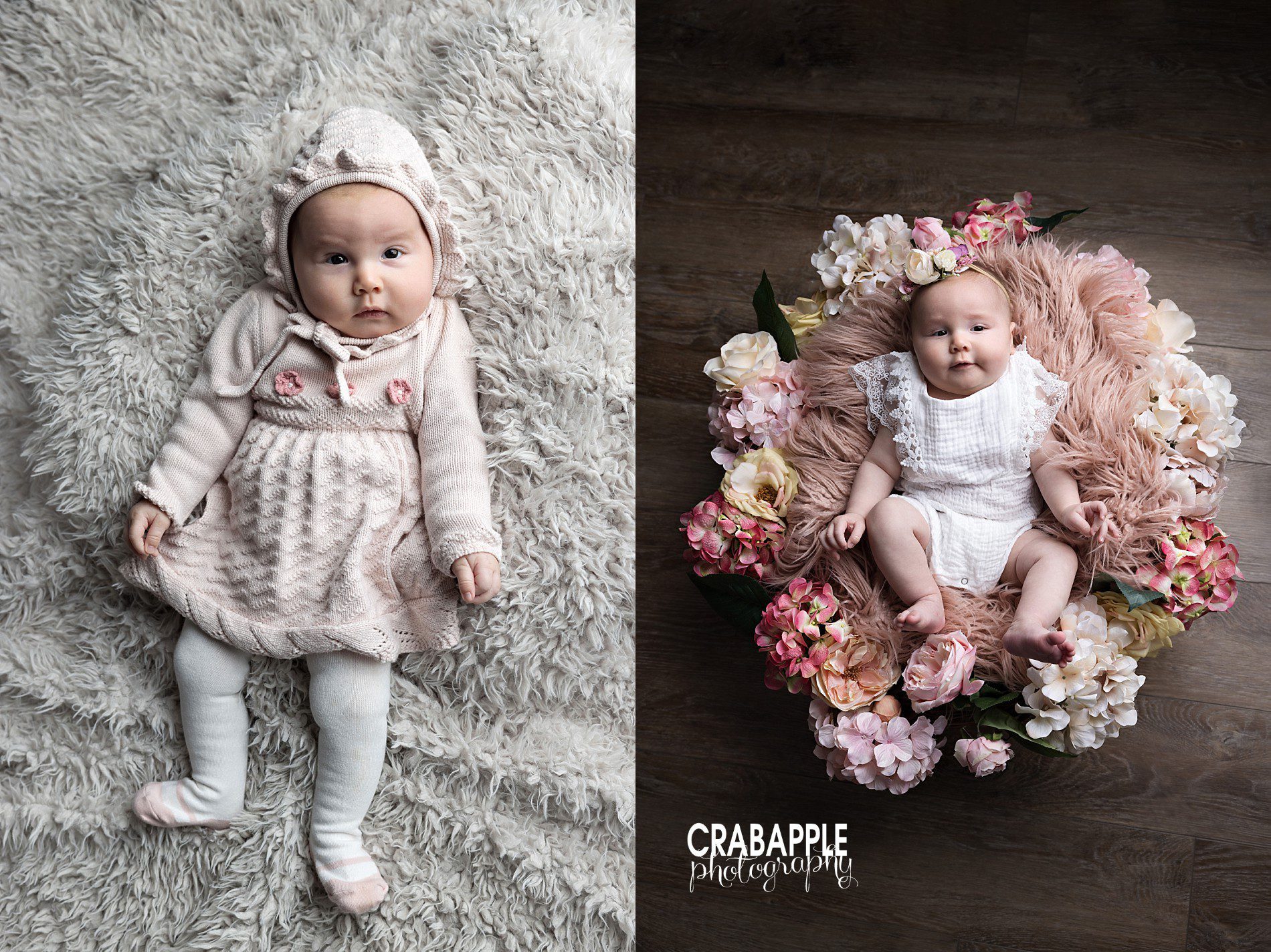 3 month baby photos with soft neutral styling and flower props

