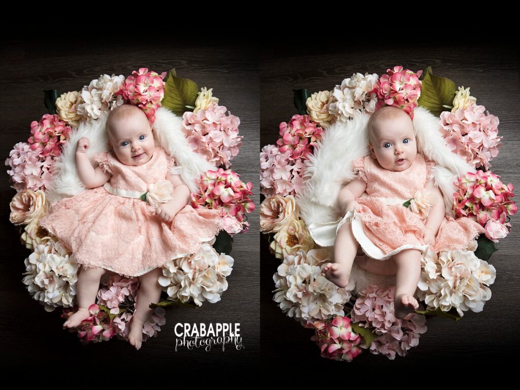 baby photos with floral props and soft styling