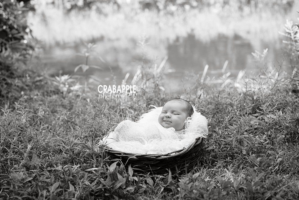 black and white outdoor newborn portraits