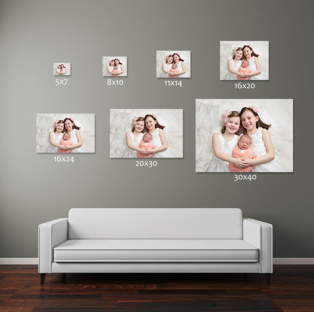 Wall art size comparison showing portrait sizes from 5x7 to 30x40 above a couch
