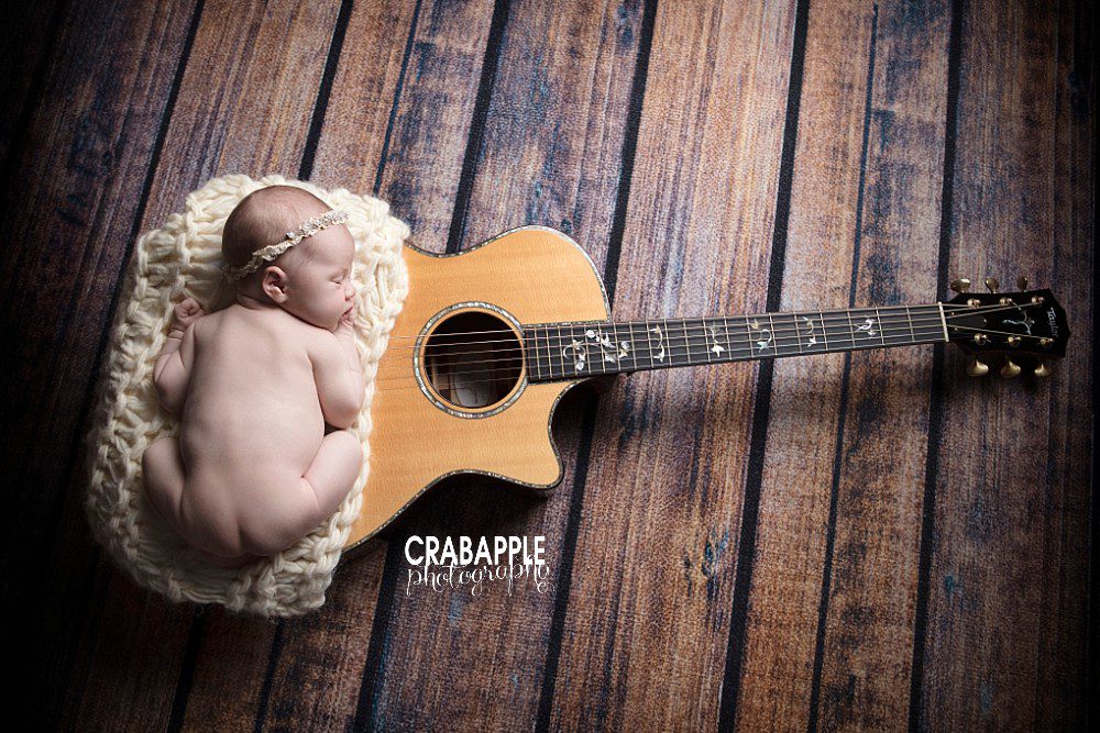 Waltham Newborn Baby girl portraits with guitar
