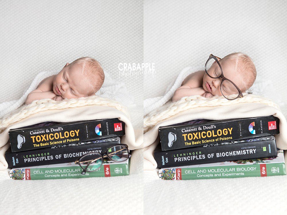 newborn photos using books as props