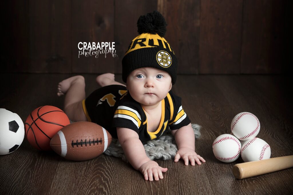 sports themed sitter session 6 month photos