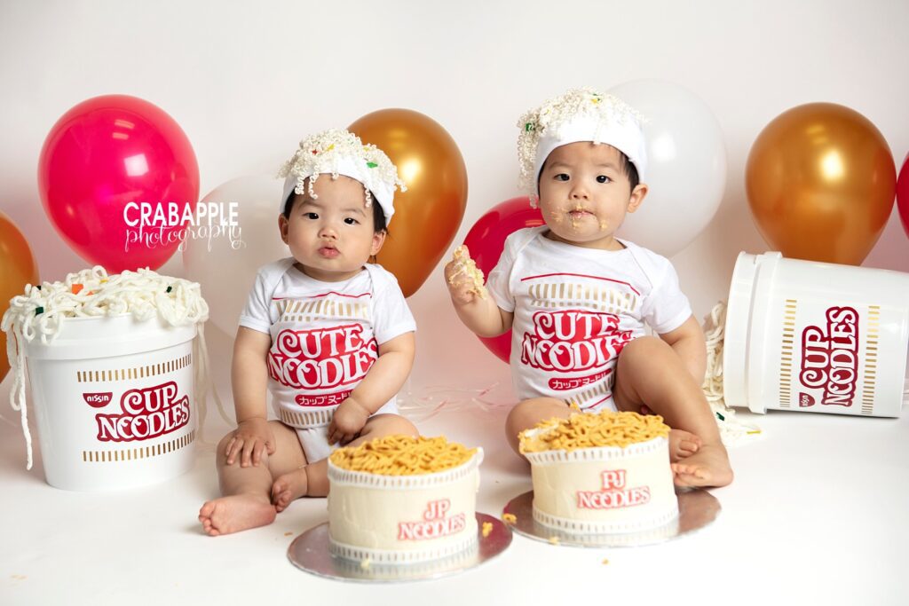 Ramen noodle themed funny cake smash session for twins near Cambridge MA