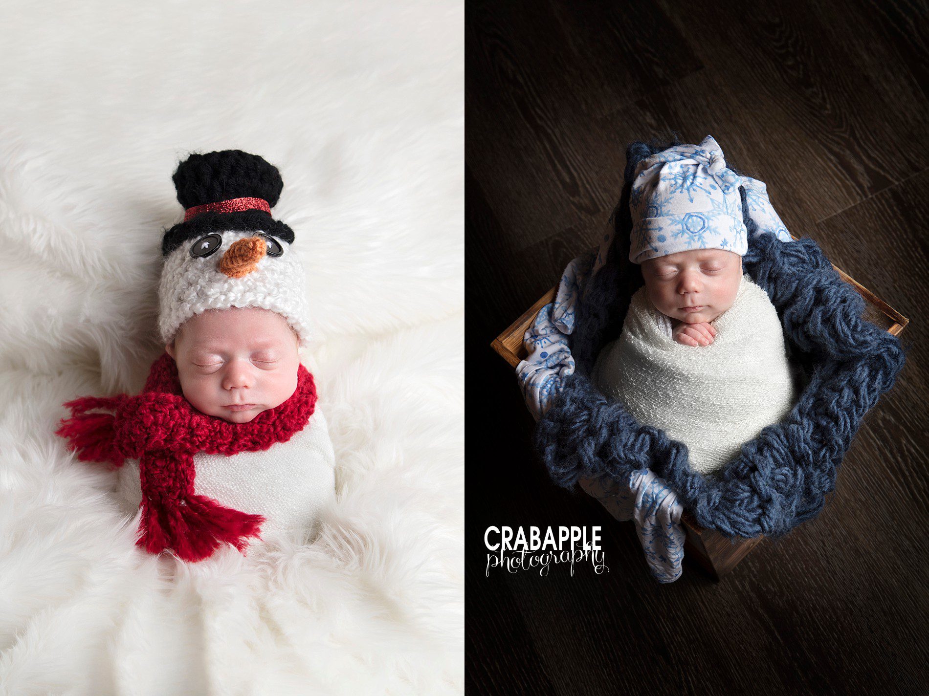 Side by side collage of two different winter themed set ups and outfits for newborn boy photos in Andover MA
