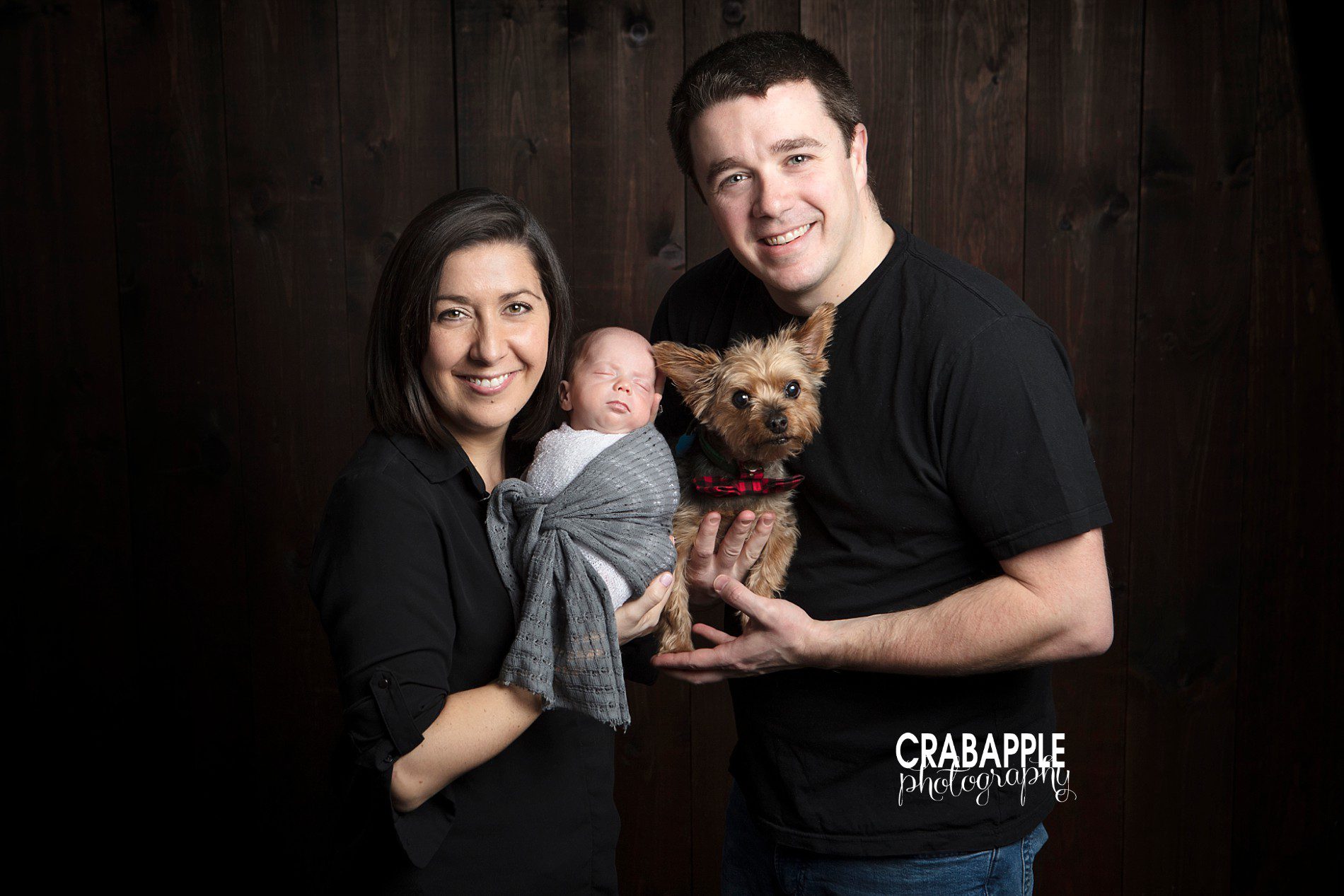Family photo with newborn premature baby and pet dog in Andover MA