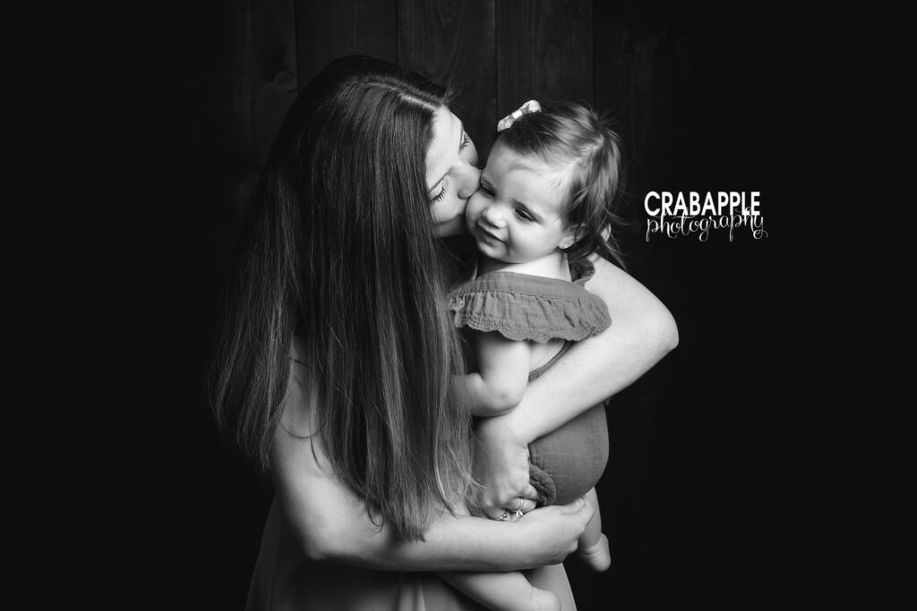 black and white portraits of mother and daughter