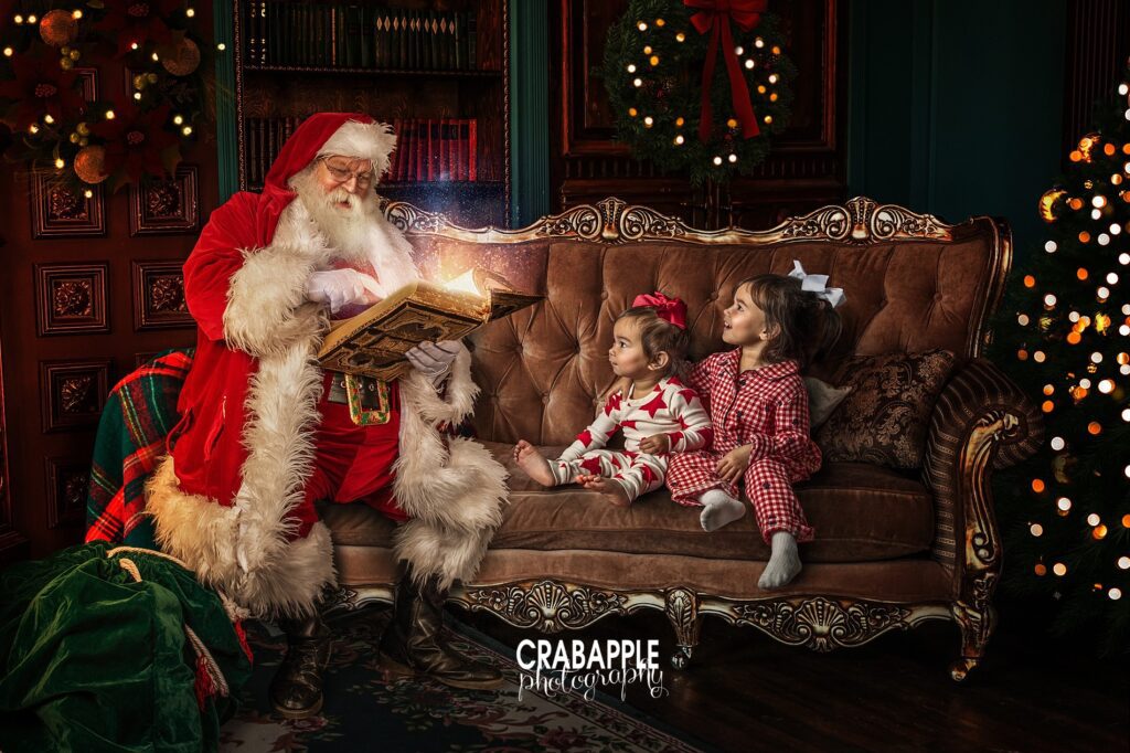 digital background by tara mapes of santa claus on a couch reading a book