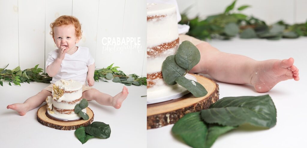 neutral cake smash for boys with greenery