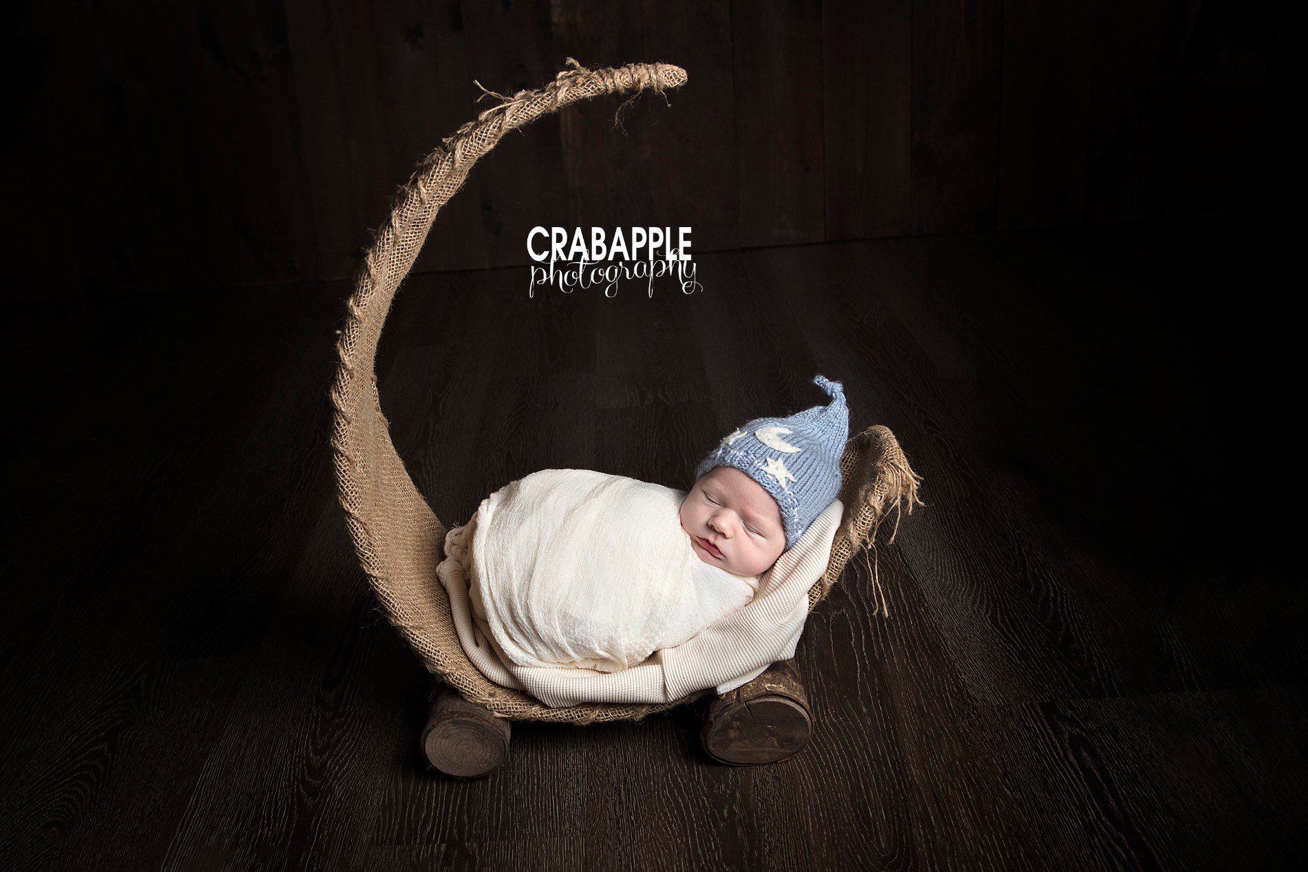 Rustic burlap crescent moon as a prop for newborn baby boy photos