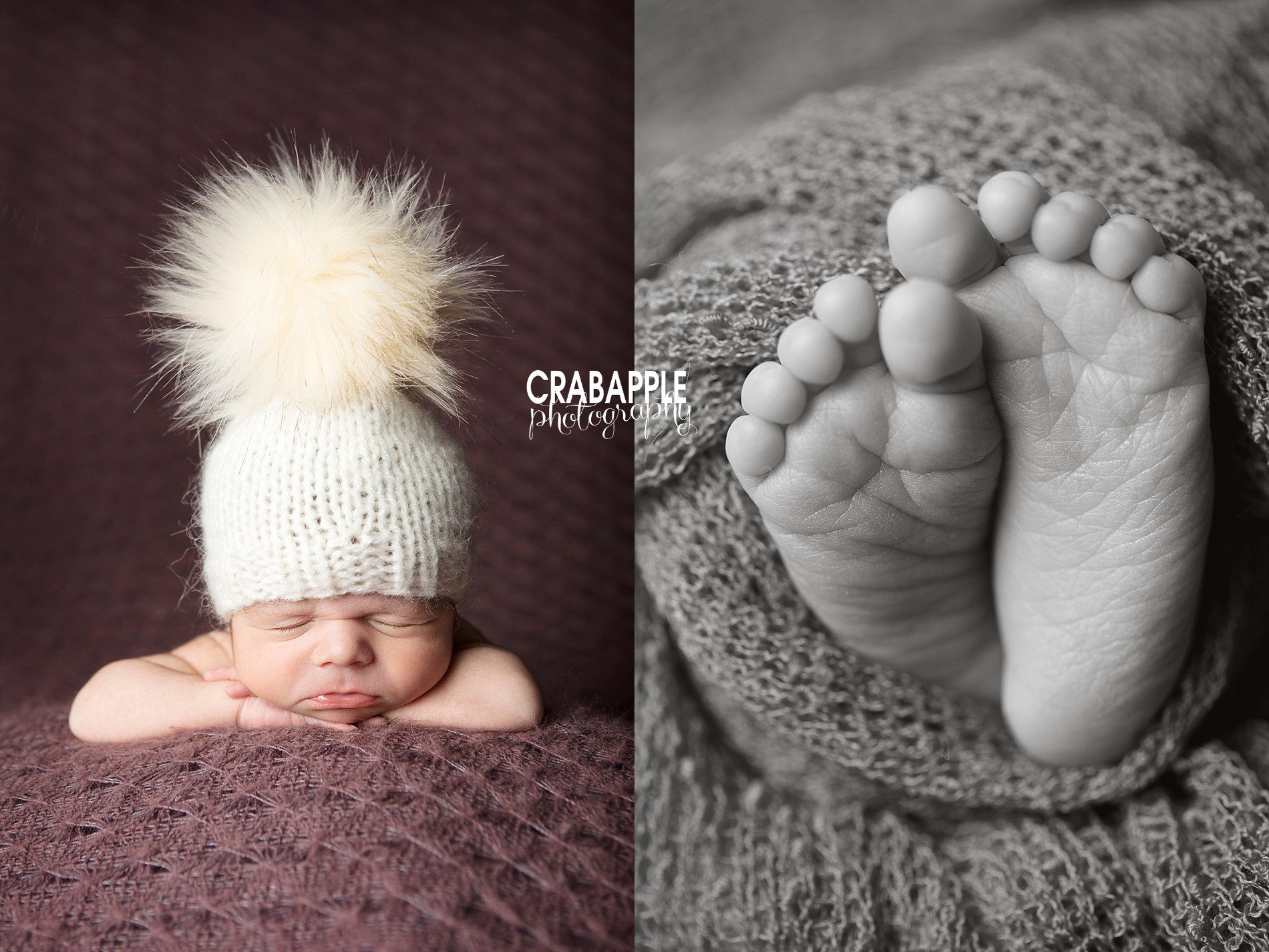 Side by side collage of newborn photo with giant pom pom hat and close up of newborn feet