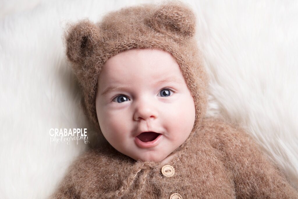 baby in teddy bear outfit photos