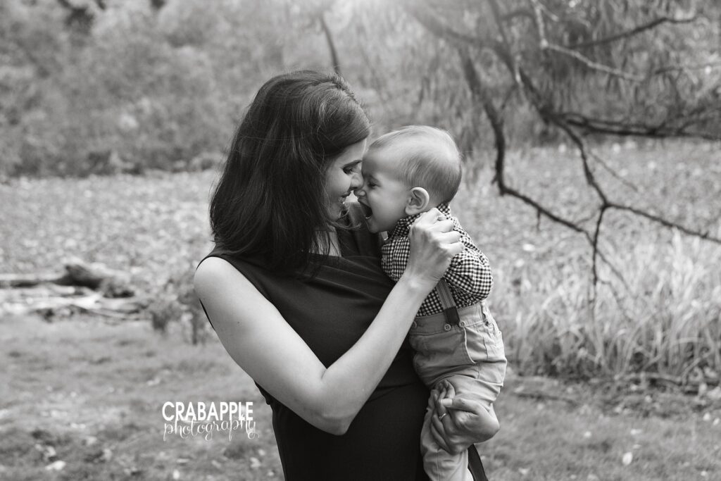 black and white mother and son portraits