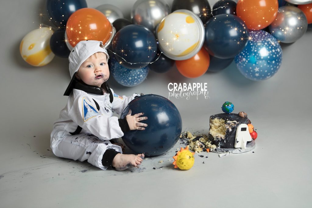 space themed first birthday baby pictures
