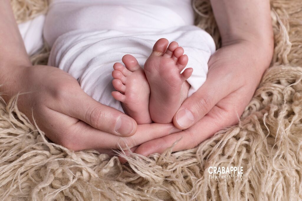 Close up photo of baby boy's feet and toes using held in parent's hands using macrophotography.