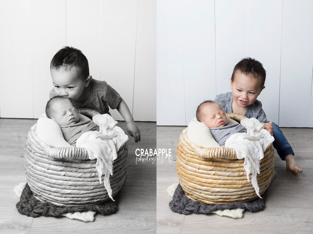 Newborn and sibling photo ideas with newborn asleep and swaddled inside of a prop with toddler brother behind him. In the photo on the left he gives baby brother a kiss on the head.