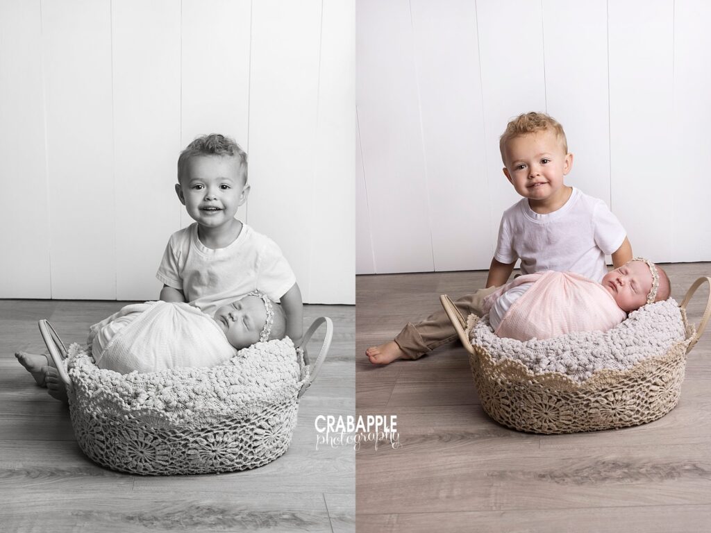 Portraits of a two year old brother and his newborn sister. Baby girl is in a lace inspired basket while big brother sits behind her.
