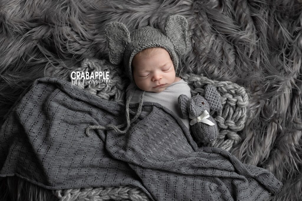 Sleeping newborn baby boy in gray wearing a knit elephant hat. He is on and surrounded by gray blankets and furs and has a small knit elephant toy.