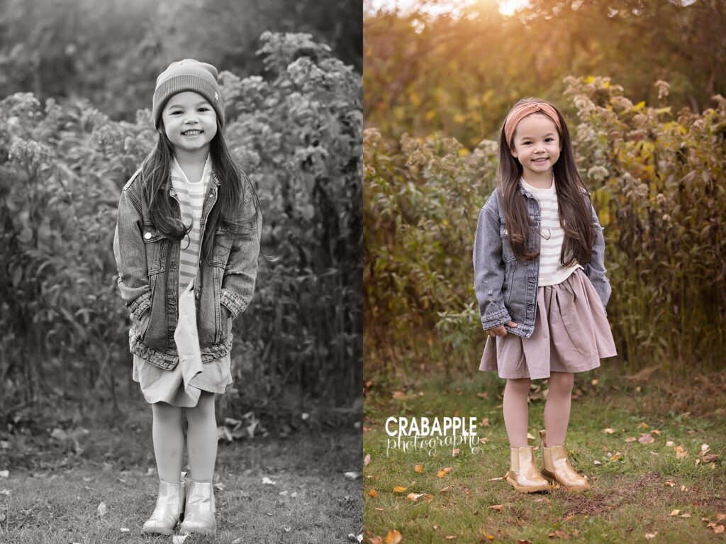 Child portraits outside during fall. A collage of two vertical portraits. One in black and white and one in color. 