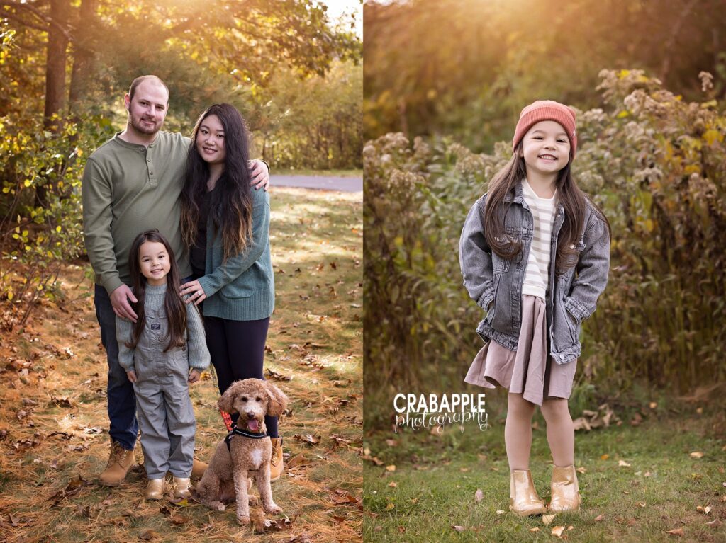 Andover MA family and child photography session. Two vertical portraits collaged, one is a family photo with the pet dog. One is a 6 year old girl smiling at the camera and standing in front of some fall foliage.