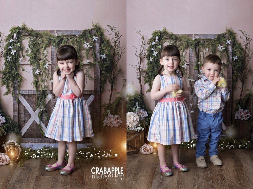 Two child portraits for spring, one is of a girl in a pastel plaid dress smiling in front of a rustic barndoor backdrop. The other is of the same girl with her younger brother, who is in a matching plaid top and blue pants. Both are holding toy baby chicks.
