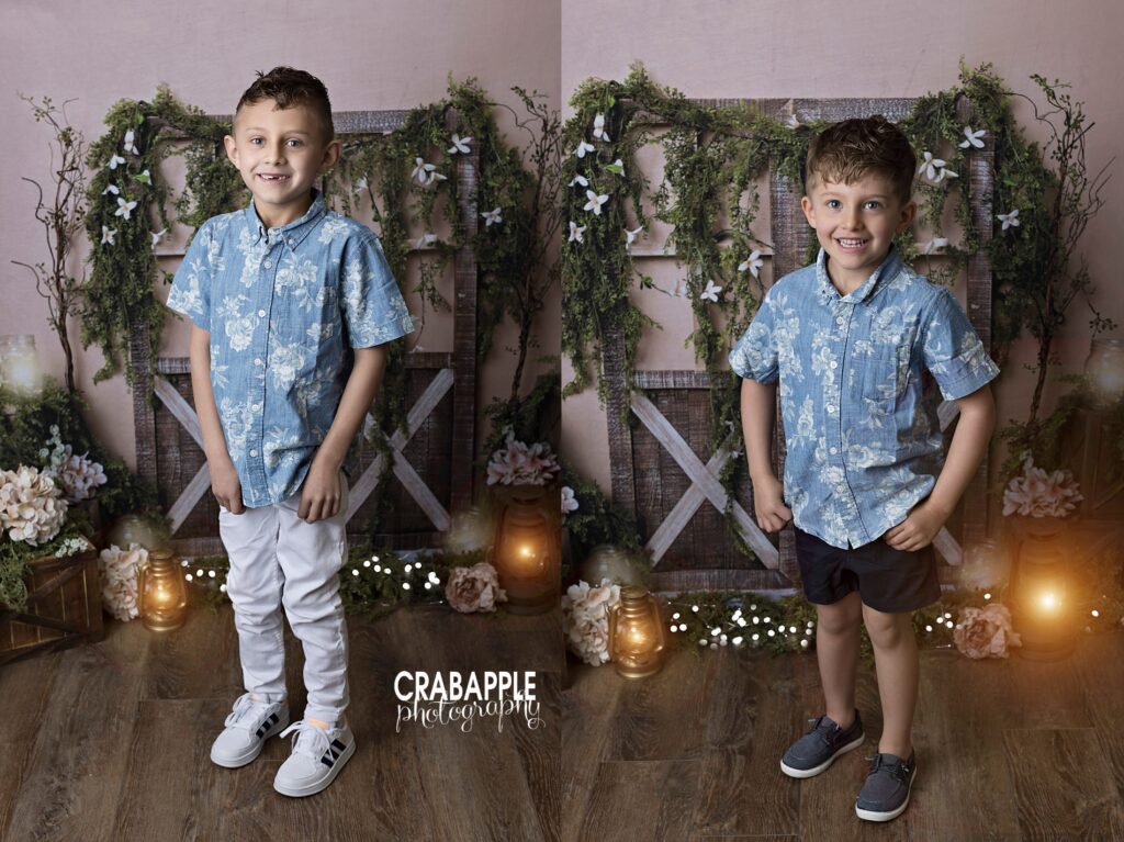 Two portraits for spring, each with one brother. On the left is the older brother, wearing a floral denim short sleeved shirt and white pants. On the right is the younger brother in matching shirt with black shorts.
