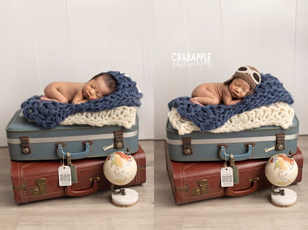 Two vertical portraits of a newborn boy sleeping on top of stacked vintage suitcases with a globe in front. In one photo he is wearing a knit pilots hat.