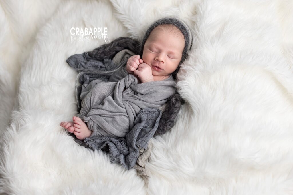 gray and white newborn photo styling