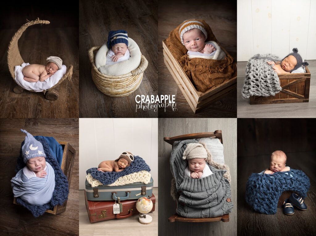 A collage of 8 different newborn baby boy portraits.