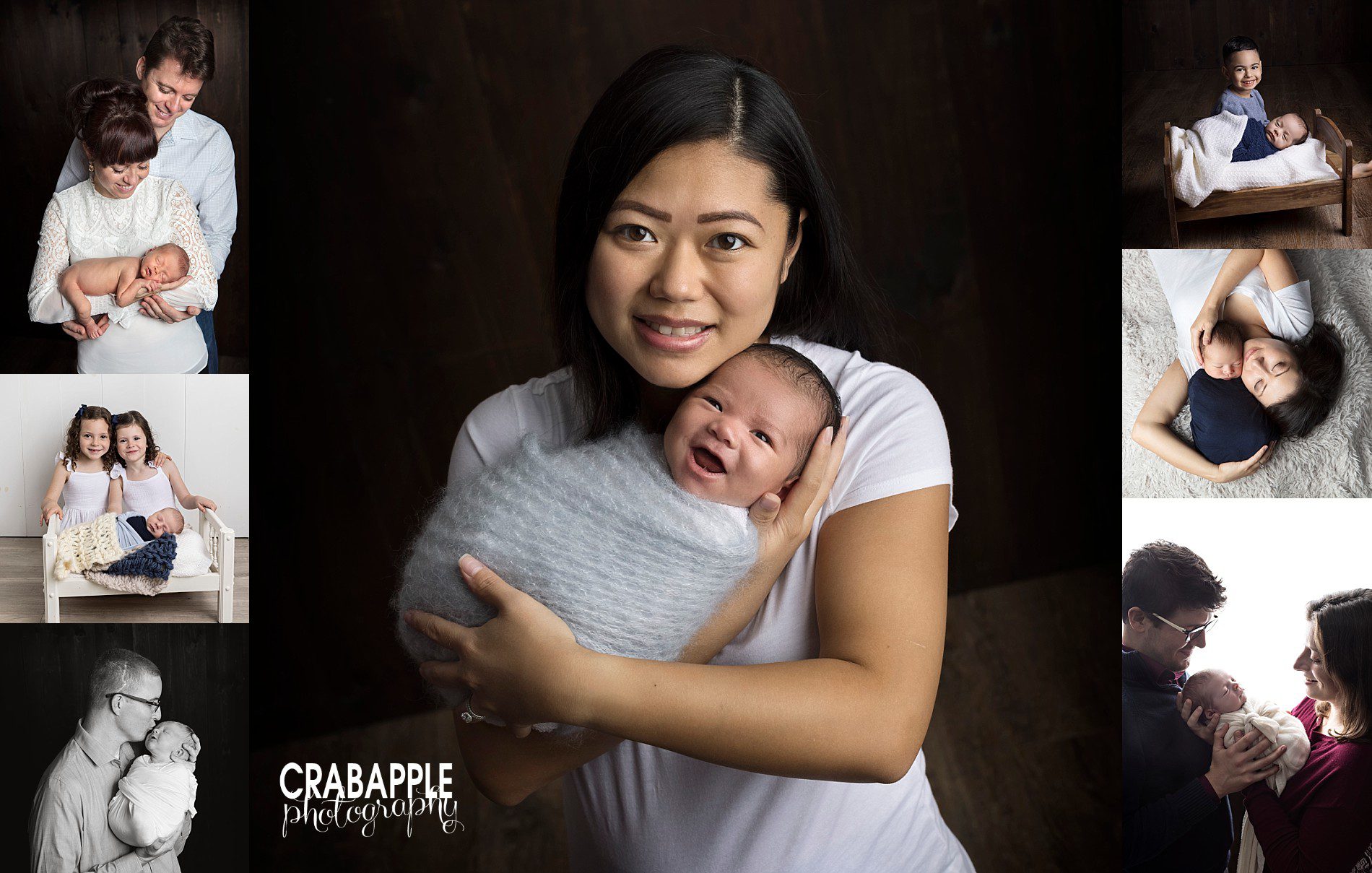 Collage of portraits of newborn babies with their parents or siblings