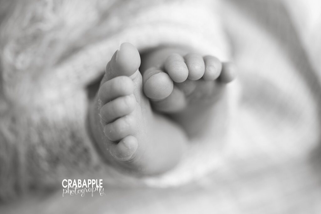 Close up black and white portrait of newborn baby's feet and toes.