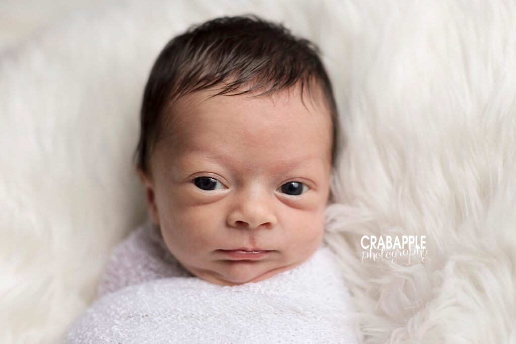 Newborn Portrait of an awake baby girl staring into the camera. She is wrapped in white and on top of a white fur.