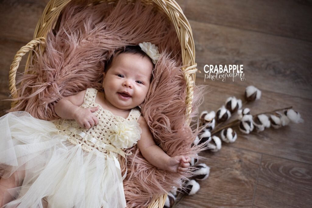 A photo of a smiling three month old baby girl in a cream colored dress with tulle skirt laying on a pink fur inside of a cottagecore cozy bassinet.