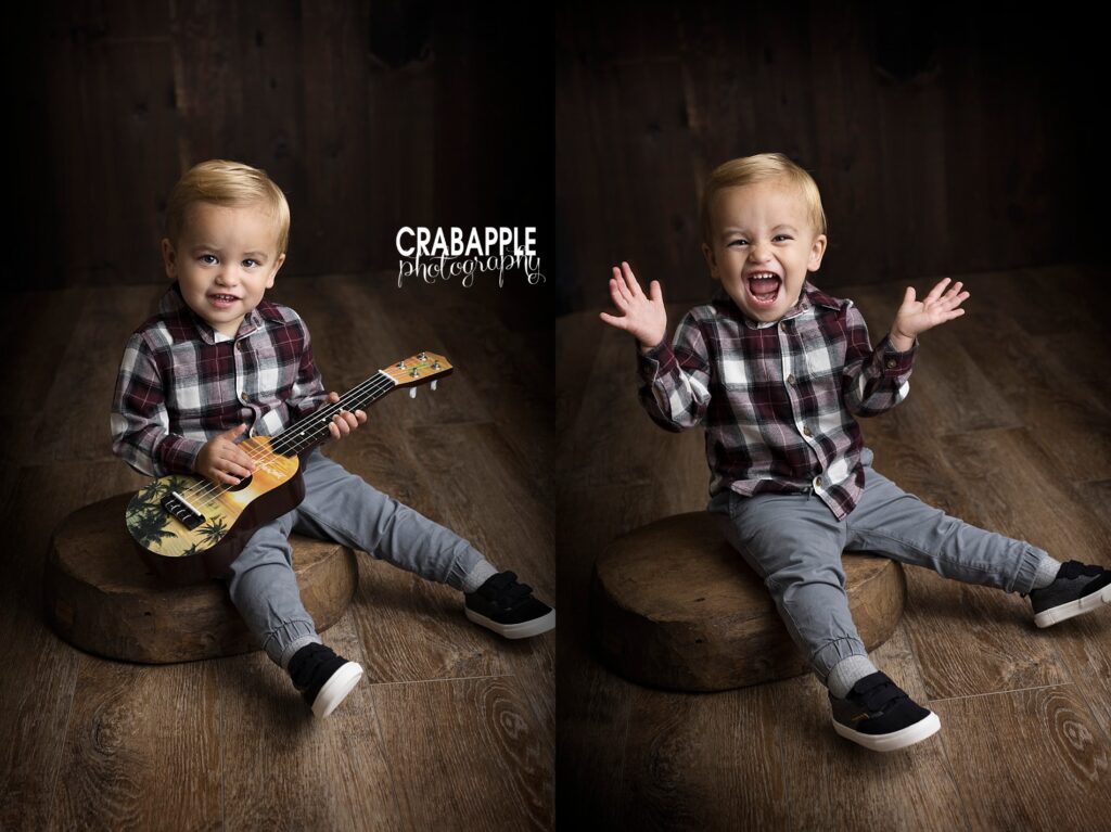 Vertical portraits of a toddler boy in front of a dark rustic wooden backdrop sitting on a wooden slab. He is wearing gray pants, a plaid shirt and sneakers. In one portrait he is playing with a ukulele.