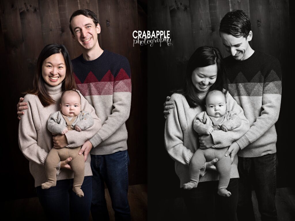 Family photo ideas of mom, dad, and baby. In one photo mom and dad smile at the camera while in the other they look down at the baby boy in their arms.