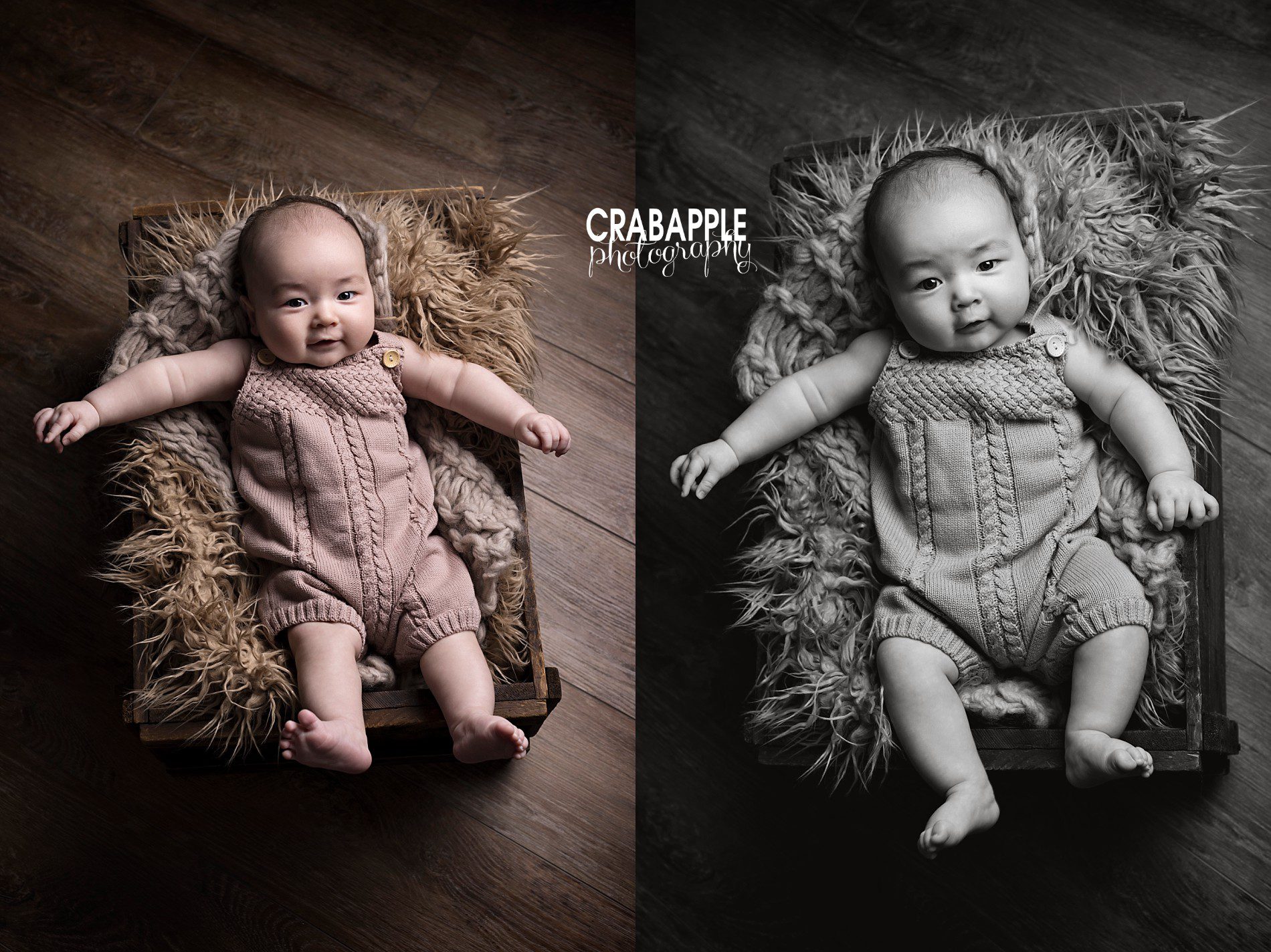 Portrait ideas of 3 month old or 100 day old baby boy using shades of brown. Dark wooden floor, brown wooden crate, brown fur, taupe knit blanket and a light brown knit one piece.